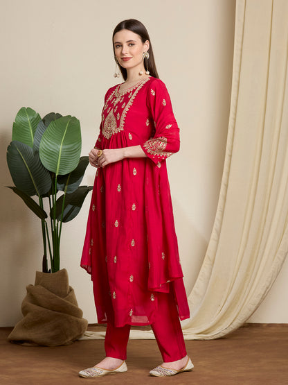 Festive Solid Sequin Embroidered A-Line Paneled Kurta with Pant and Dupatta - Red