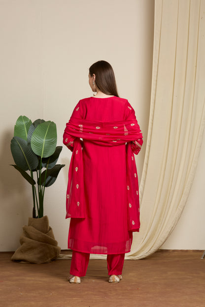 Festive Solid Sequin Embroidered A-Line Paneled Kurta with Pant and Dupatta - Red