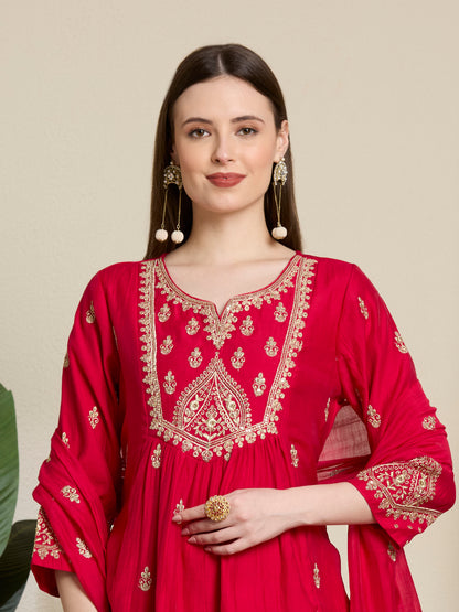 Festive Solid Sequin Embroidered A-Line Paneled Kurta with Pant and Dupatta - Red