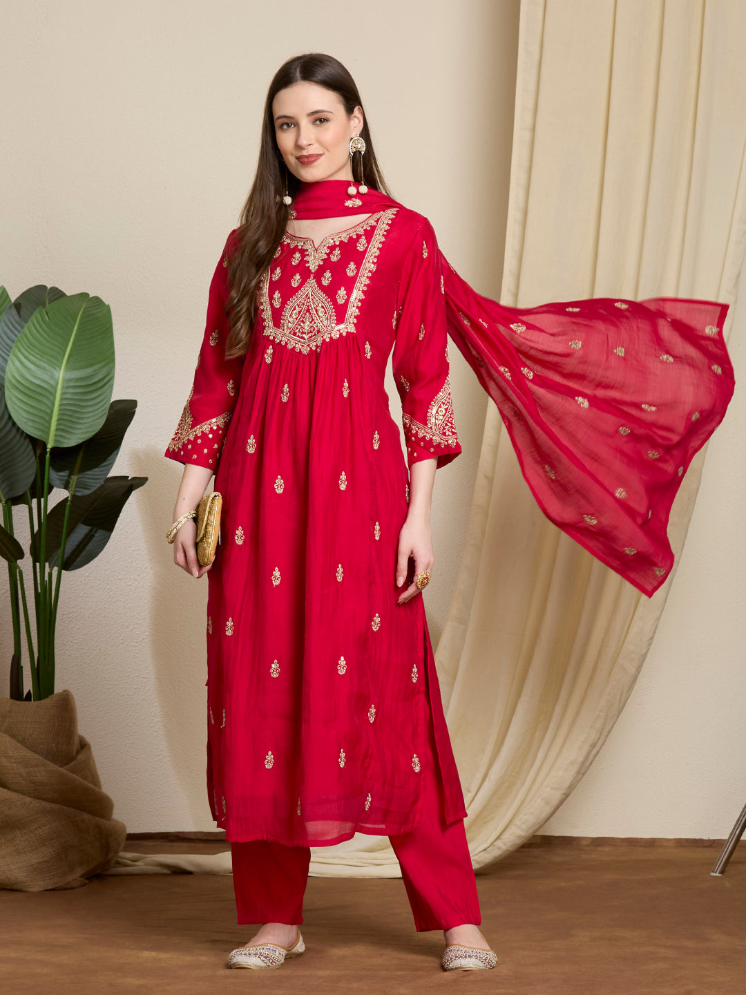 Festive Solid Sequin Embroidered A-Line Paneled Kurta with Pant and Dupatta - Red