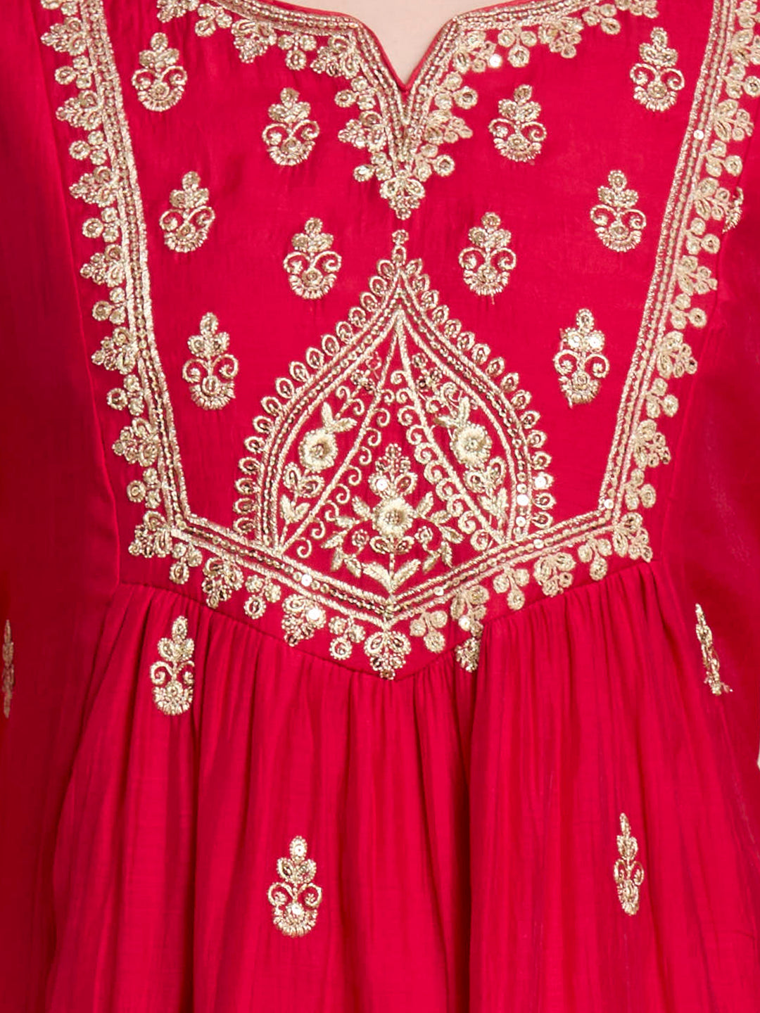 Festive Solid Sequin Embroidered A-Line Paneled Kurta with Pant and Dupatta - Red