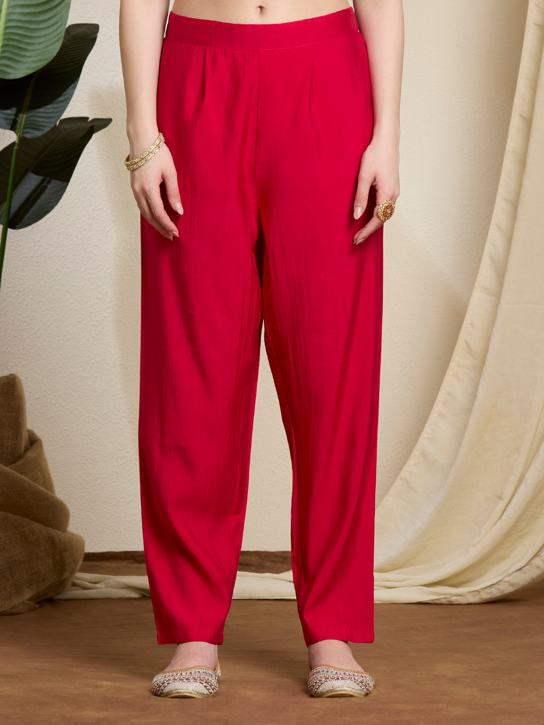 Festive Solid Sequin Embroidered A-Line Paneled Kurta with Pant and Dupatta - Red