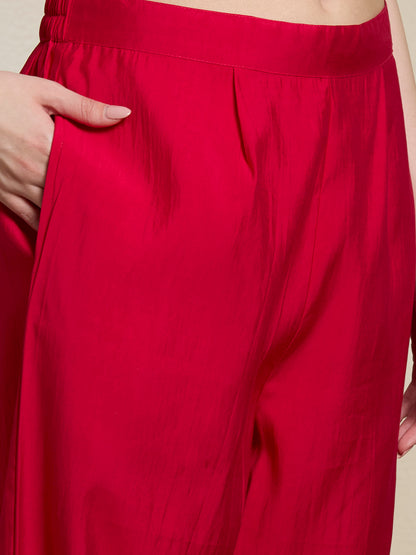 Festive Solid Sequin Embroidered A-Line Paneled Kurta with Pant and Dupatta - Red