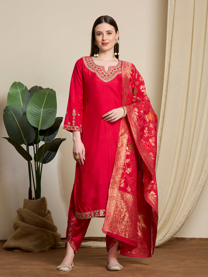 Solid Ethnic Embroidered Straight Kurta with Dhoti & Dupatta - Red