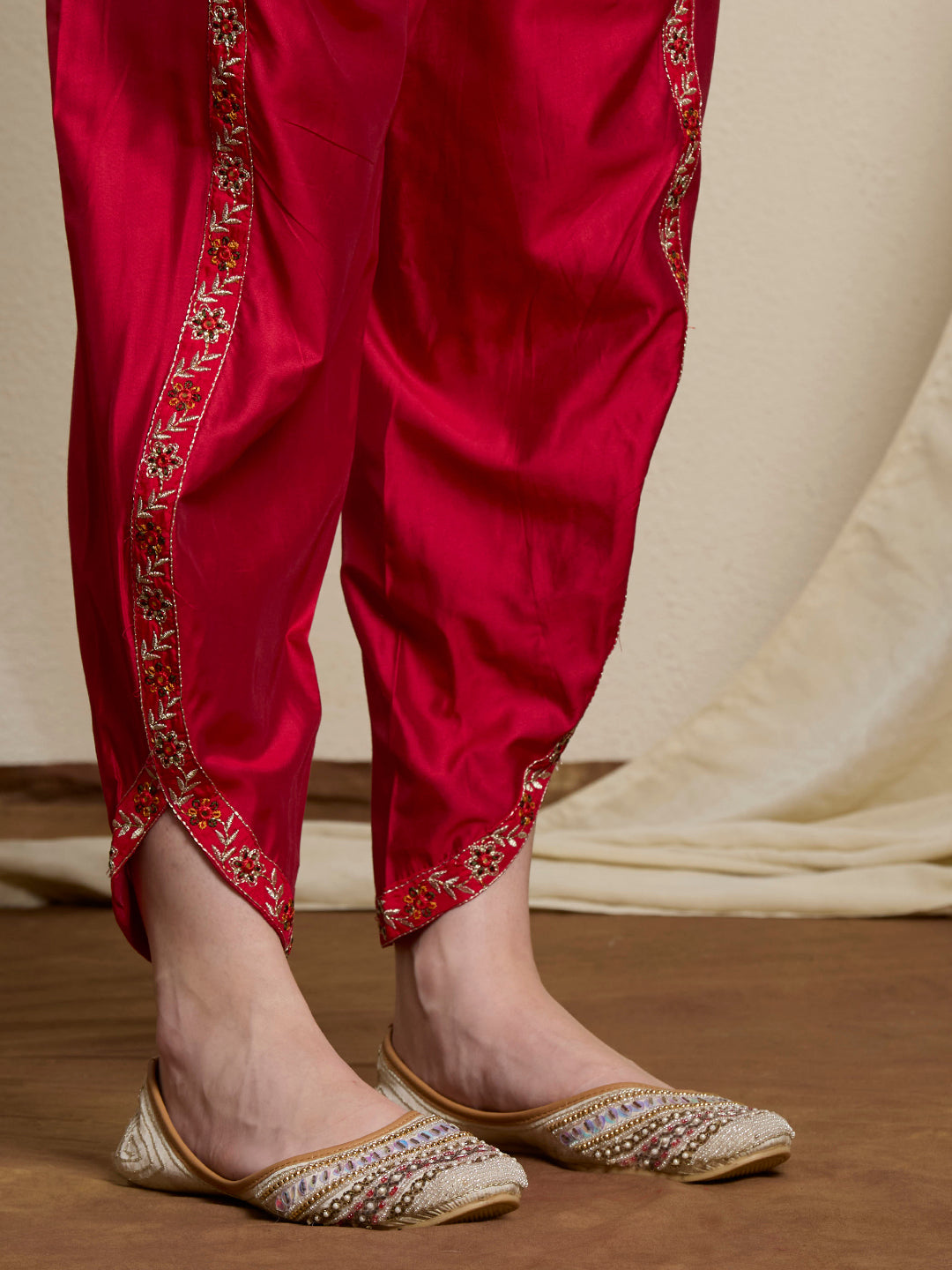 Solid Ethnic Embroidered Straight Kurta with Dhoti & Dupatta - Red