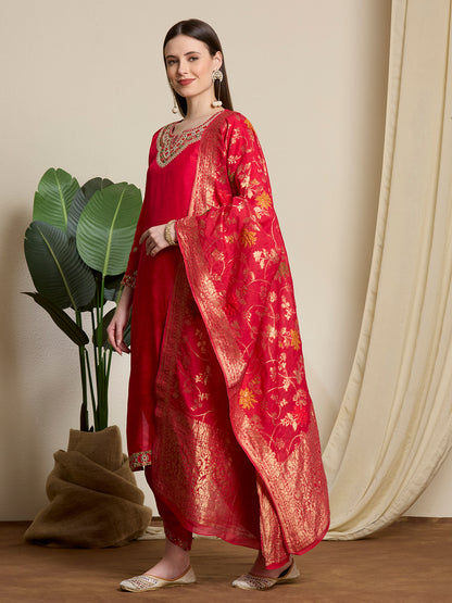 Solid Ethnic Embroidered Straight Kurta with Dhoti & Dupatta - Red