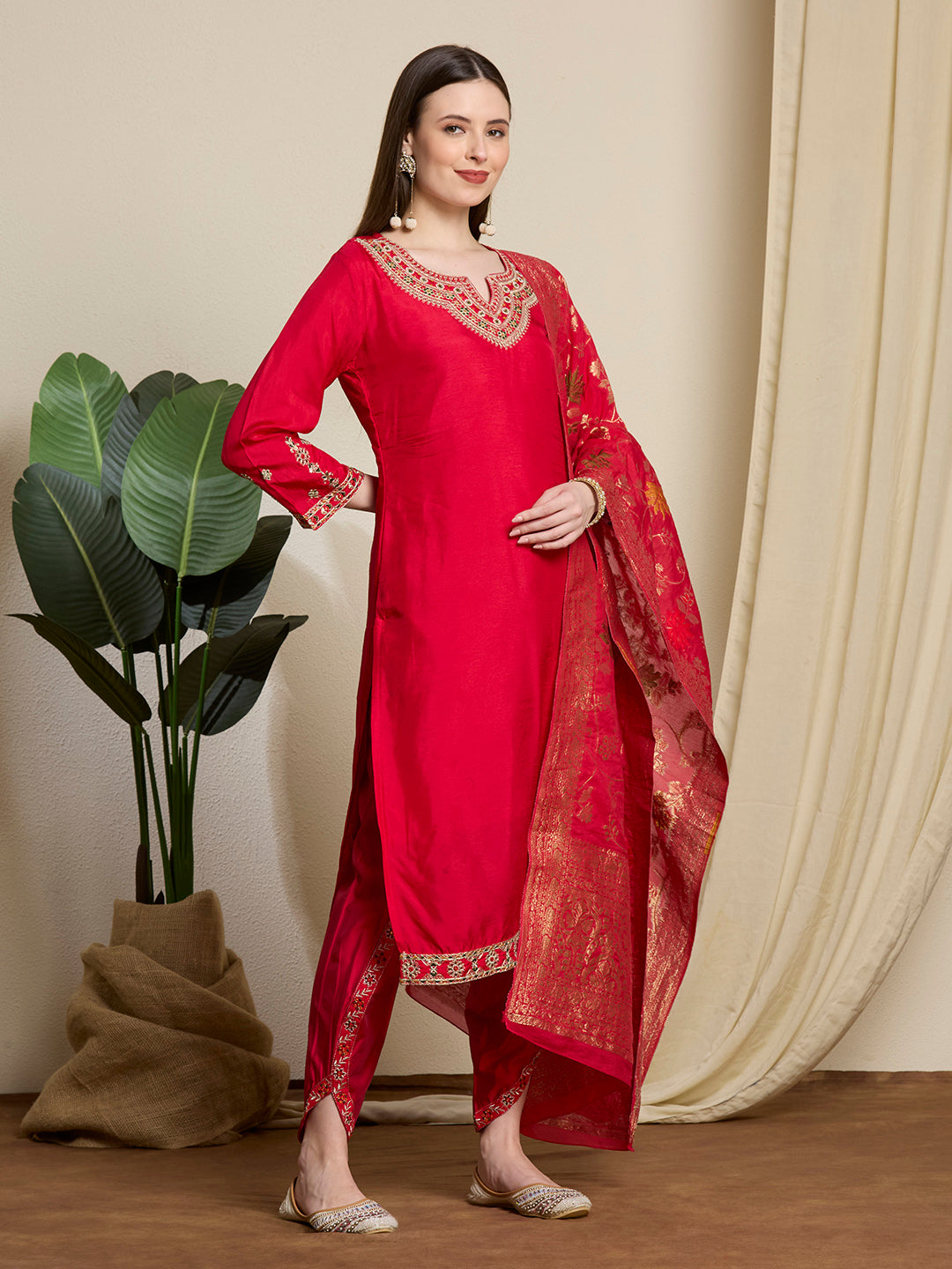 Solid Ethnic Embroidered Straight Kurta with Dhoti & Dupatta - Red