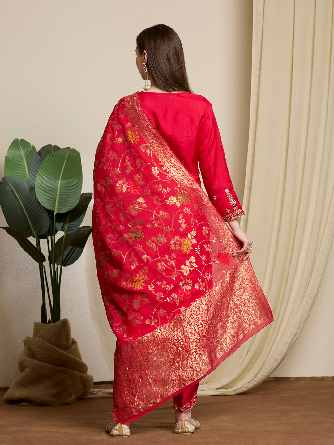 Solid Ethnic Embroidered Straight Kurta with Dhoti & Dupatta - Red