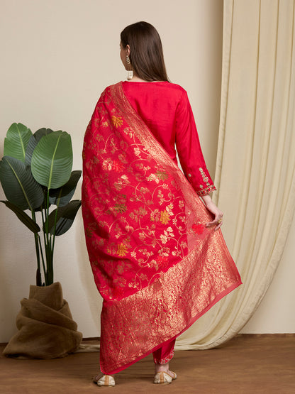 Solid Ethnic Embroidered Straight Kurta with Dhoti & Dupatta - Red