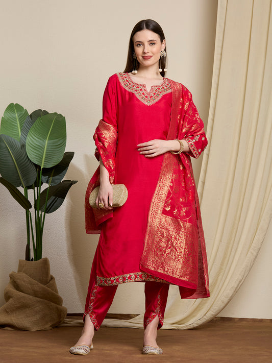 Solid Ethnic Embroidered Straight Kurta with Dhoti & Dupatta - Red