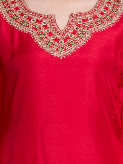 Solid Ethnic Embroidered Straight Kurta with Dhoti & Dupatta - Red