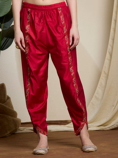Solid Ethnic Embroidered Straight Kurta with Dhoti & Dupatta - Red