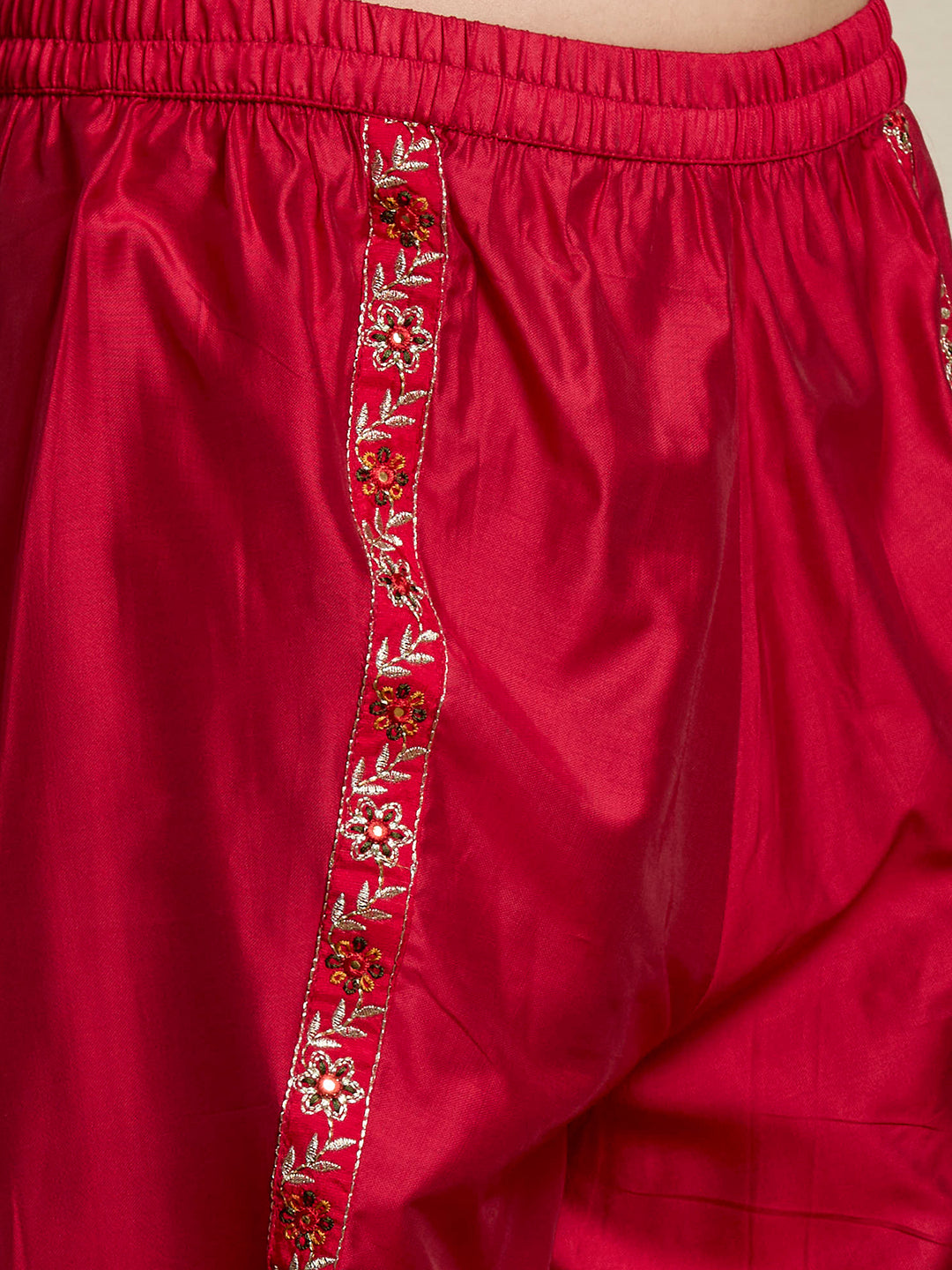 Solid Ethnic Embroidered Straight Kurta with Dhoti & Dupatta - Red