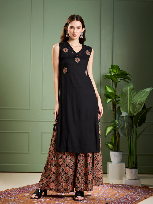 Solid Ethnic Kantha work Straight Kurta with Printed Palazzo - Black