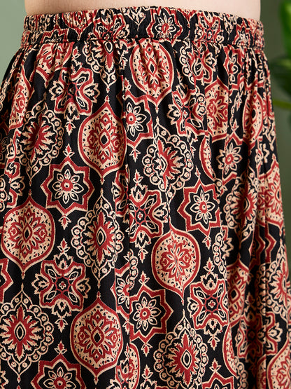 Solid Ethnic Kantha work Straight Kurta with Printed Palazzo - Black