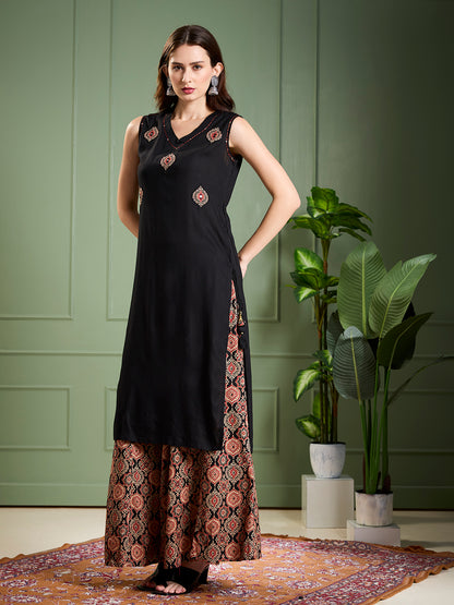Solid Ethnic Kantha work Straight Kurta with Printed Palazzo - Black