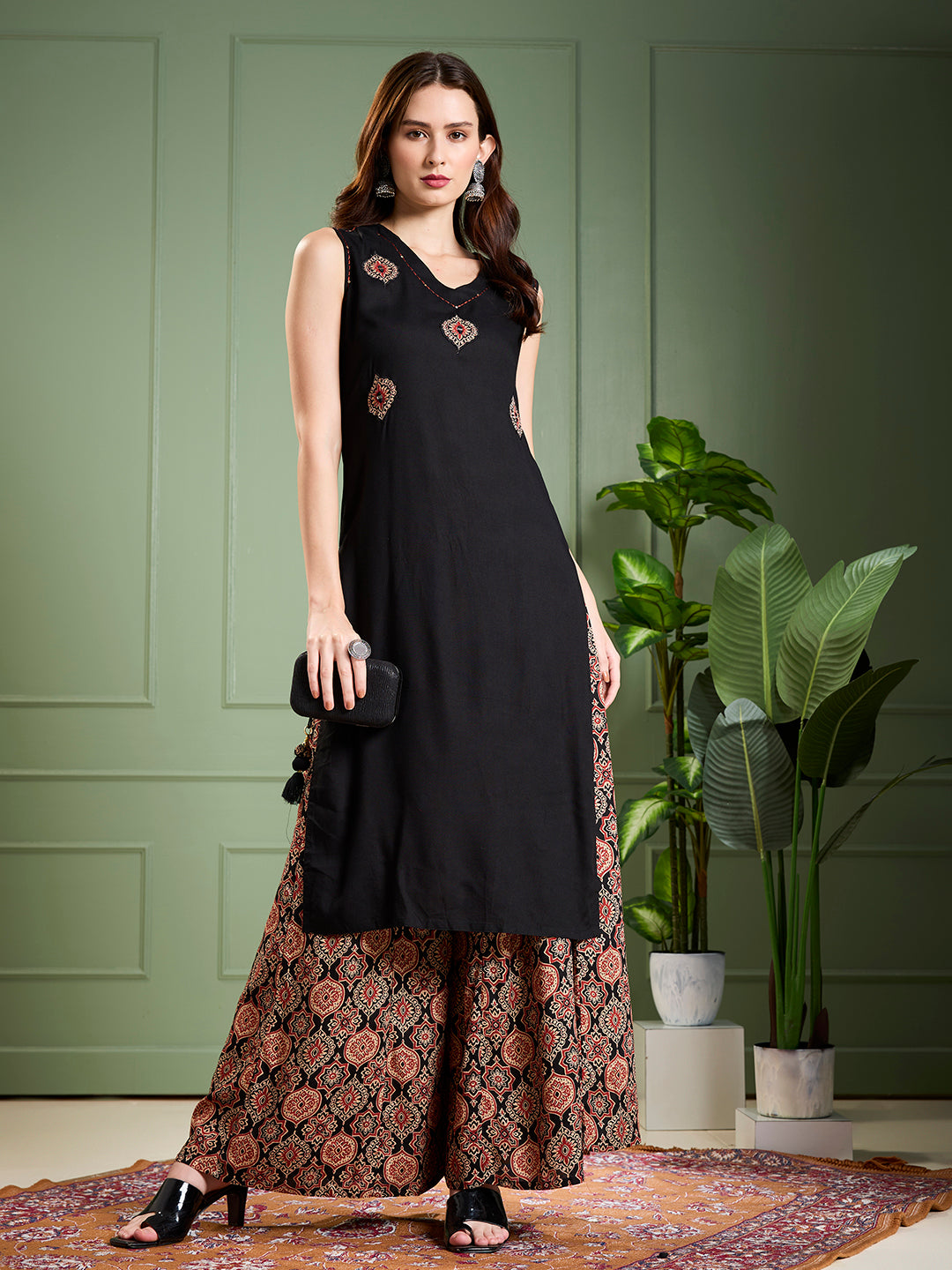 Solid Ethnic Kantha work Straight Kurta with Printed Palazzo - Black