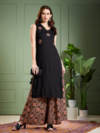 Solid Ethnic Kantha work Straight Kurta with Printed Palazzo - Black