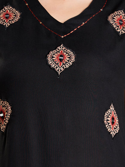 Solid Ethnic Kantha work Straight Kurta with Printed Palazzo - Black
