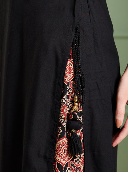 Solid Ethnic Kantha work Straight Kurta with Printed Palazzo - Black