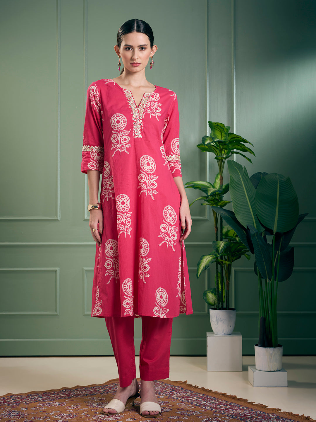 Floral Printed A-Line Flared Kurta with Pant - Magenta