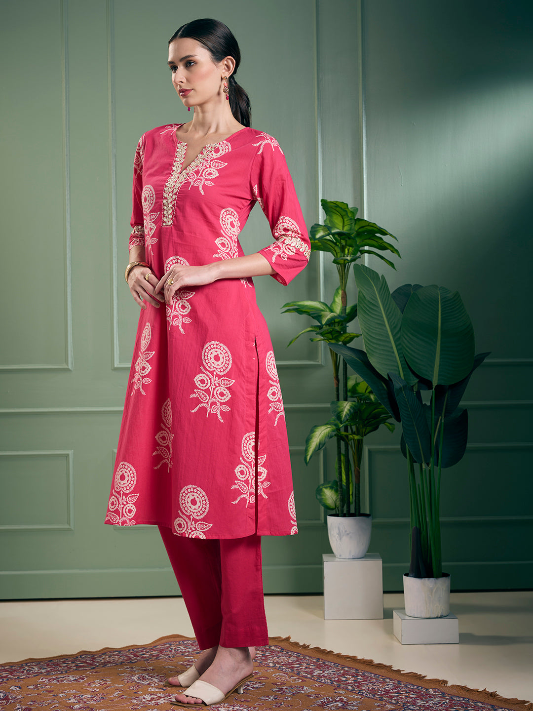 Floral Printed A-Line Flared Kurta with Pant - Magenta