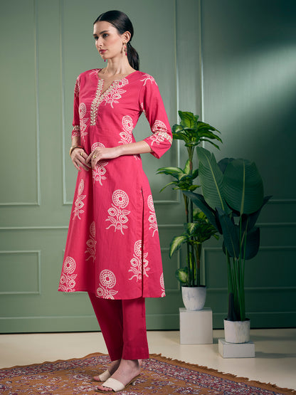 Floral Printed A-Line Flared Kurta with Pant - Magenta