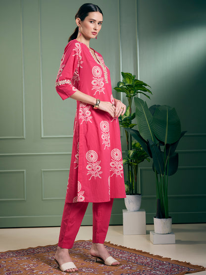 Floral Printed A-Line Flared Kurta with Pant - Magenta