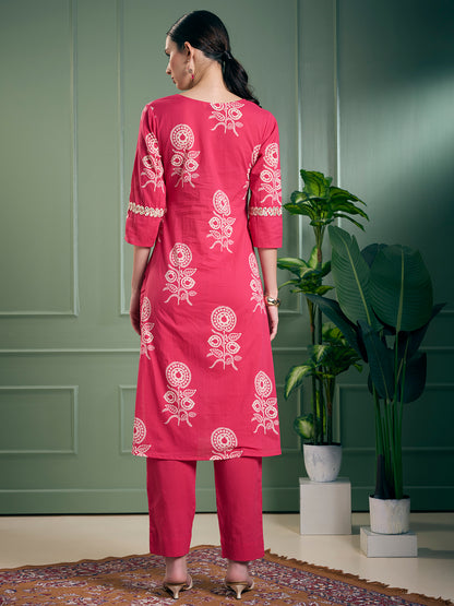 Floral Printed A-Line Flared Kurta with Pant - Magenta