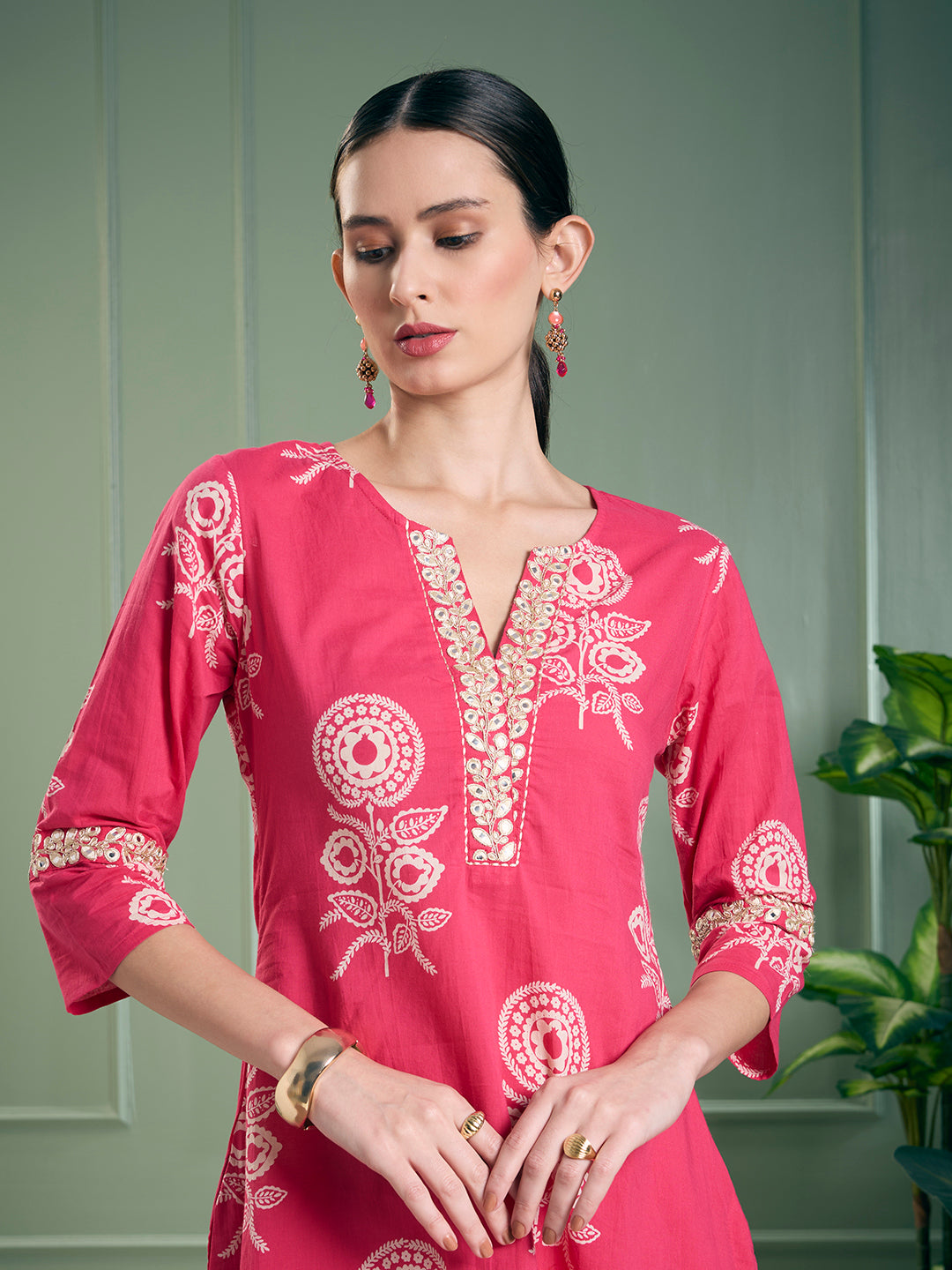 Floral Printed A-Line Flared Kurta with Pant - Magenta