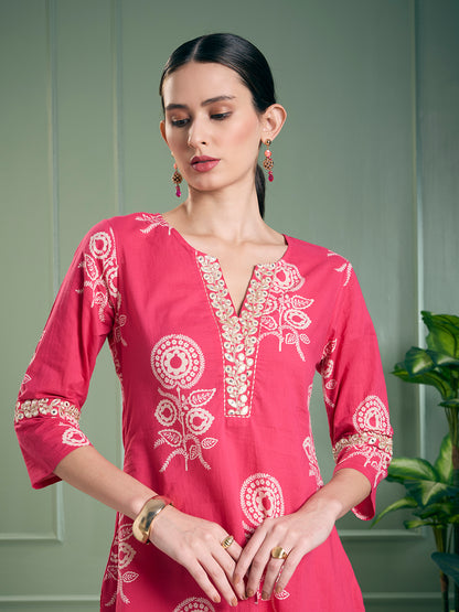 Floral Printed A-Line Flared Kurta with Pant - Magenta