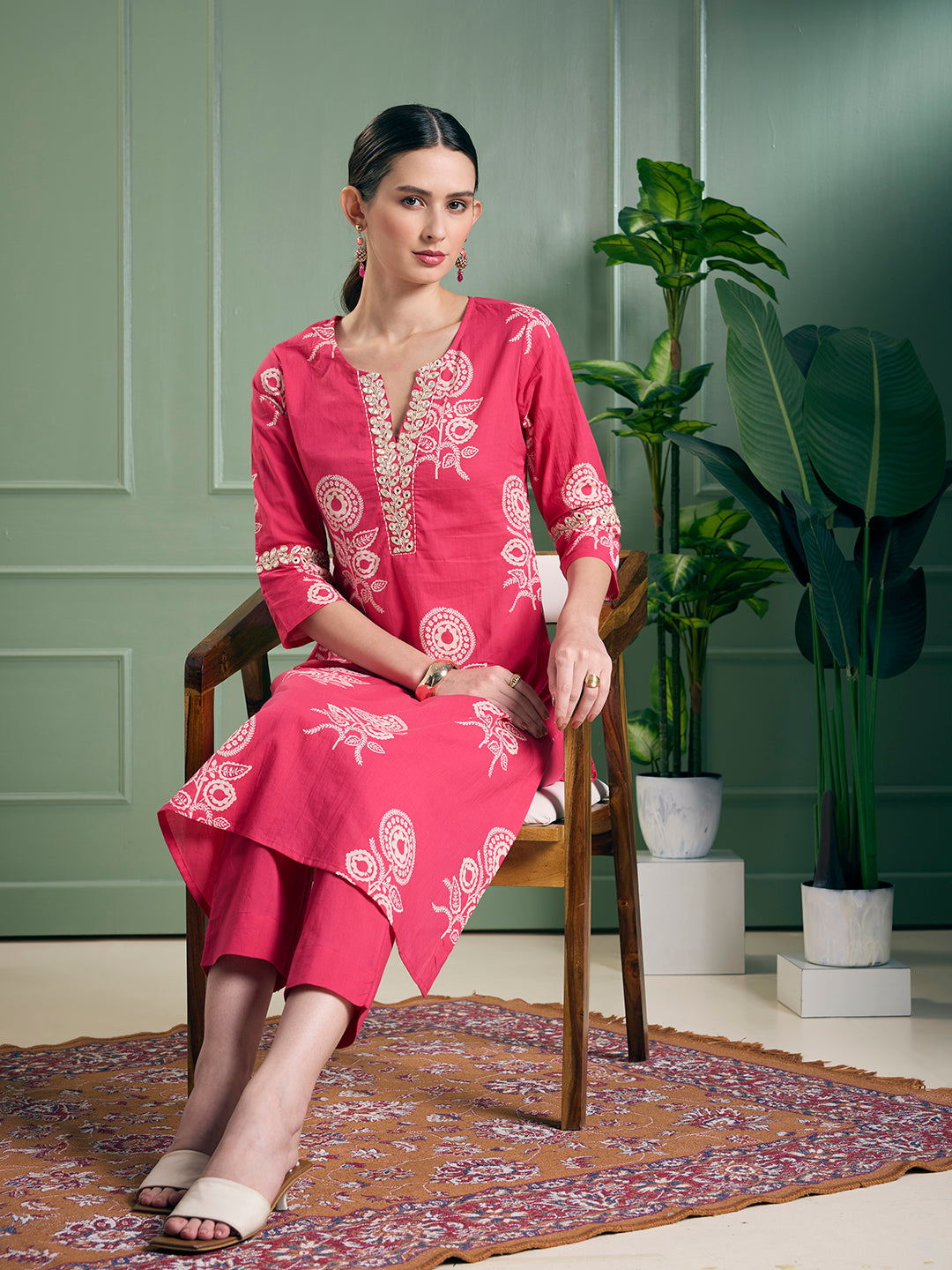 Floral Printed A-Line Flared Kurta with Pant - Magenta