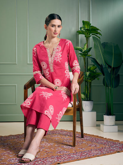 Floral Printed A-Line Flared Kurta with Pant - Magenta