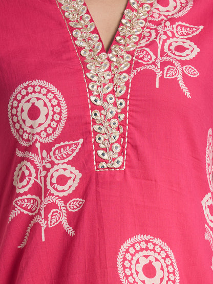 Floral Printed A-Line Flared Kurta with Pant - Magenta