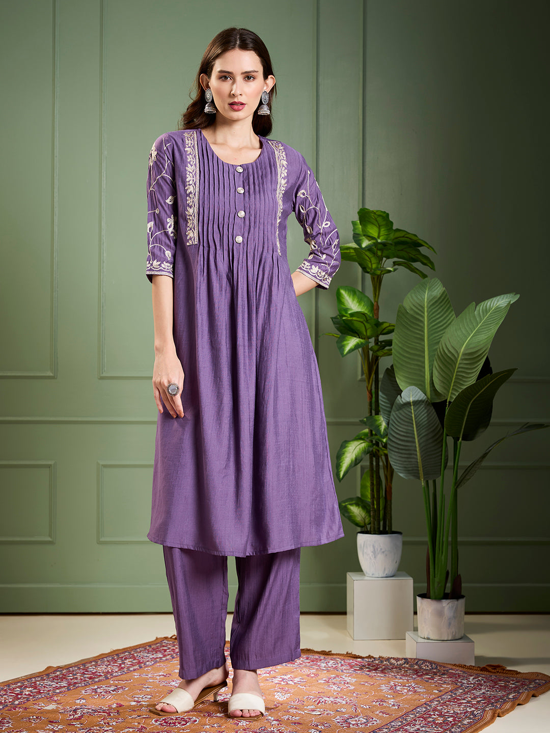 Solid Floral Zari Embroidered A-Line Kurta with Pant - Purple