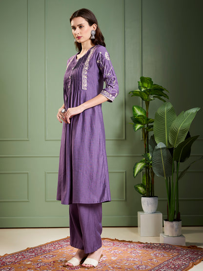 Solid Floral Zari Embroidered A-Line Kurta with Pant - Purple