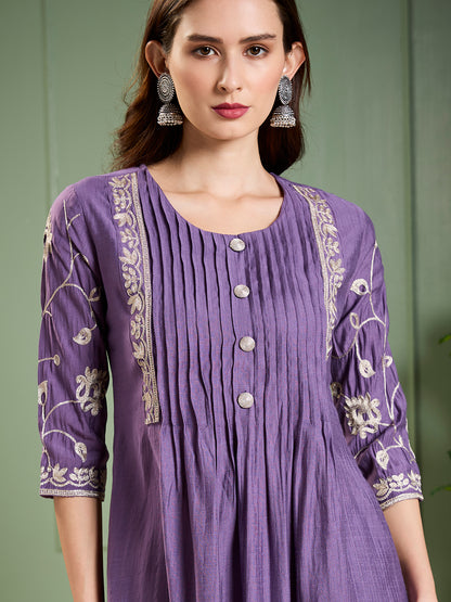 Solid Floral Zari Embroidered A-Line Kurta with Pant - Purple