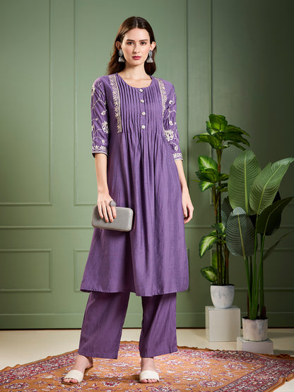 Solid Floral Zari Embroidered A-Line Kurta with Pant - Purple