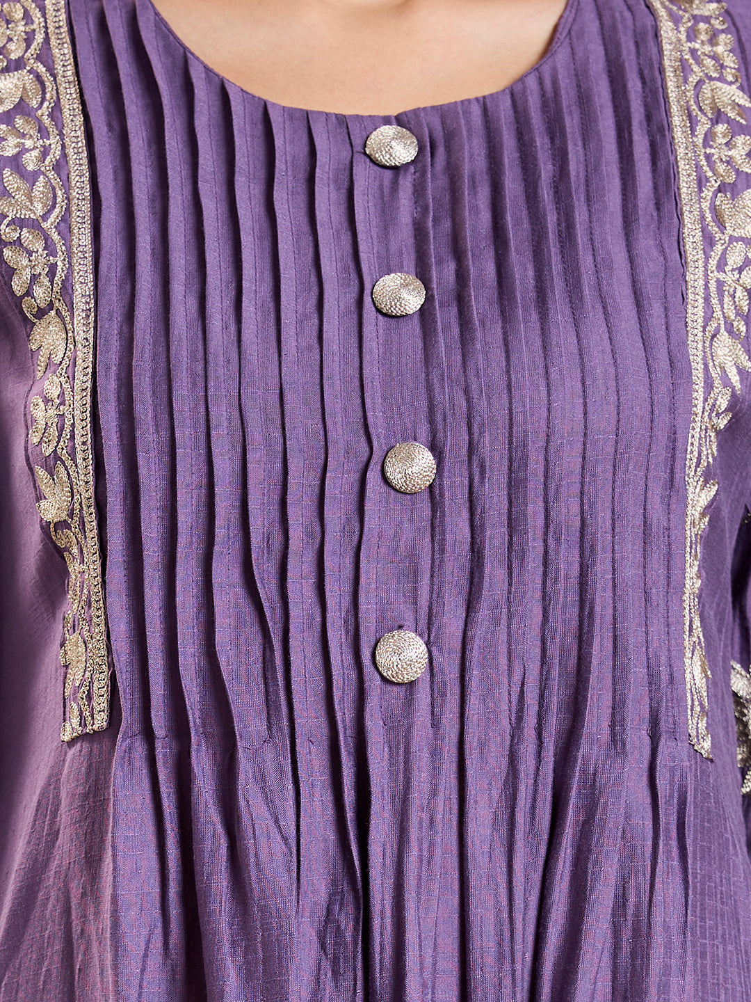 Solid Floral Zari Embroidered A-Line Kurta with Pant - Purple