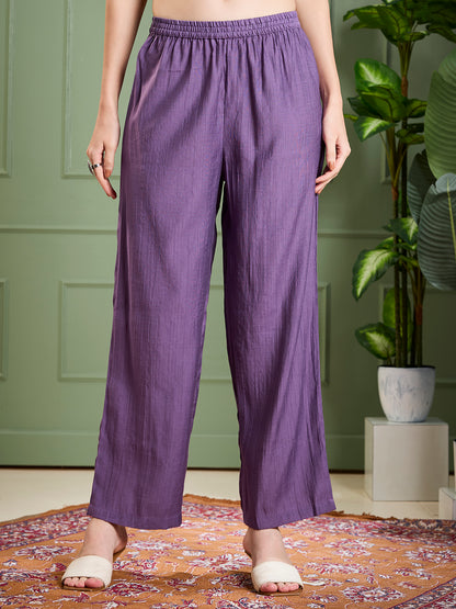 Solid Floral Zari Embroidered A-Line Kurta with Pant - Purple