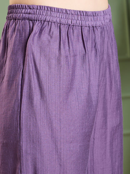 Solid Floral Zari Embroidered A-Line Kurta with Pant - Purple