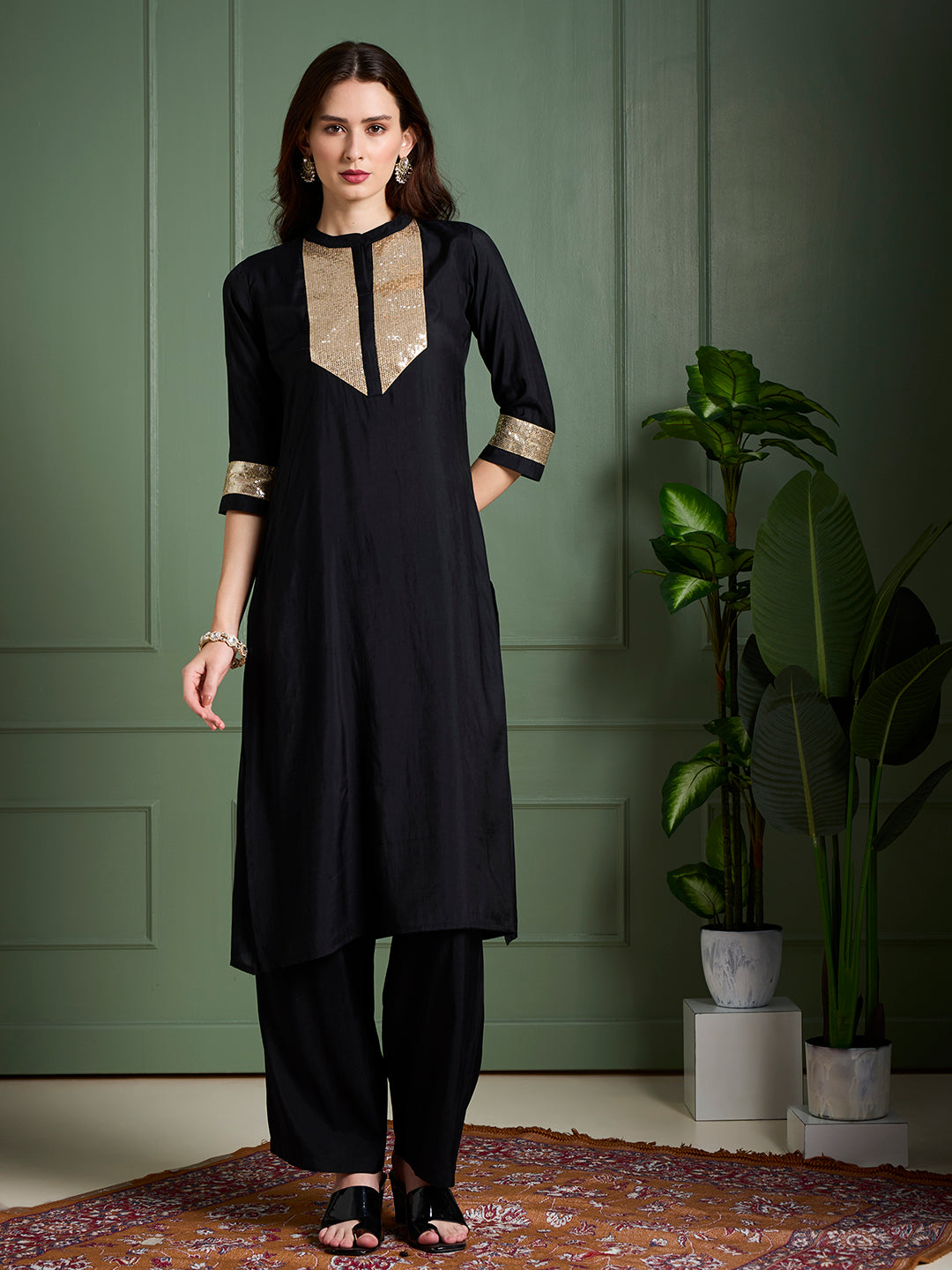 Solid Sequin Embroidered Straight Fit Co-ord Set - Black