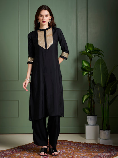 Solid Sequin Embroidered Straight Fit Co-ord Set - Black