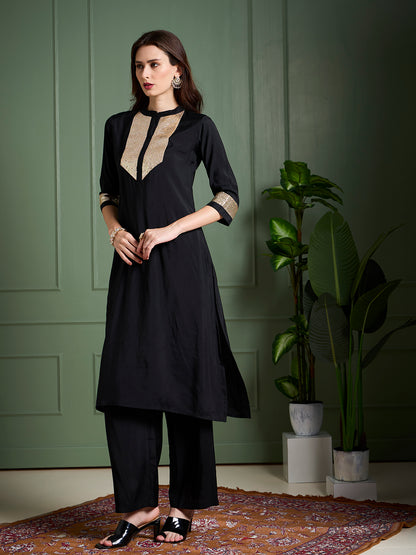 Solid Sequin Embroidered Straight Fit Co-ord Set - Black