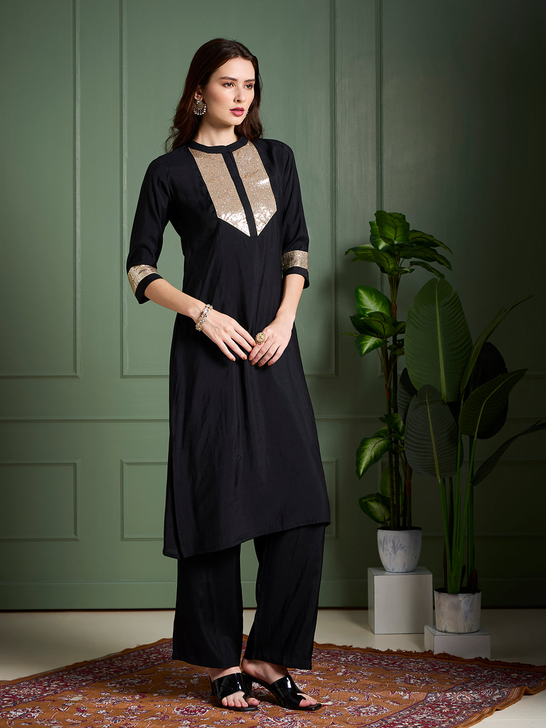 Solid Sequin Embroidered Straight Fit Co-ord Set - Black