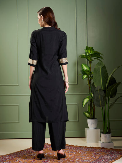 Solid Sequin Embroidered Straight Fit Co-ord Set - Black