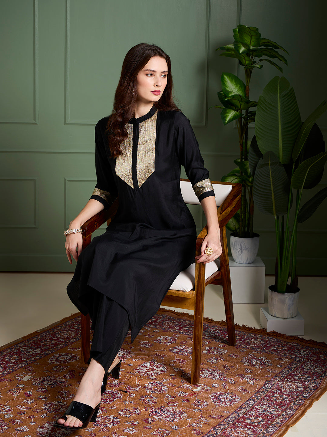 Solid Sequin Embroidered Straight Fit Co-ord Set - Black