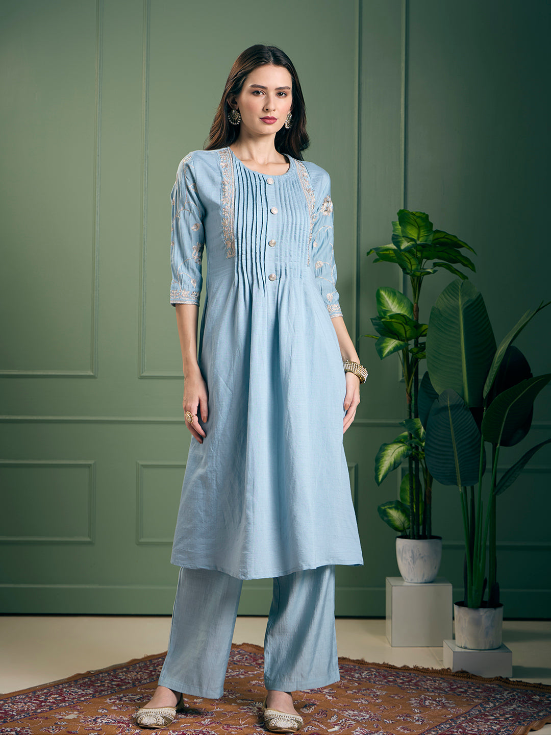 Solid Floral Zari Embroidered A-Line Kurta with Pant - Light Blue