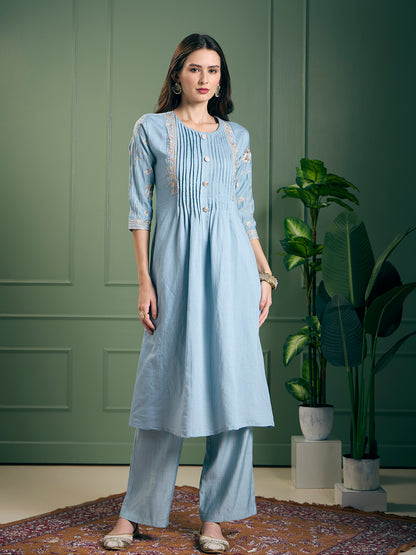 Solid Floral Zari Embroidered A-Line Kurta with Pant - Light Blue