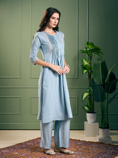 Solid Floral Zari Embroidered A-Line Kurta with Pant - Light Blue